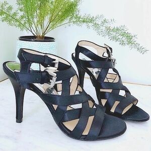 Michael Kors Black Satin Double Buckle Strappy Heels Size 7M